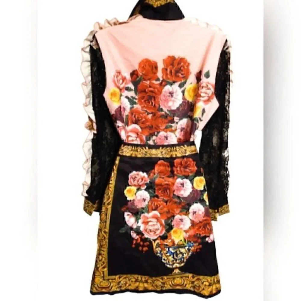 Vintage Floral Flower Collar Floral Print Lace Ruffles Top & Skirt XXL EURO